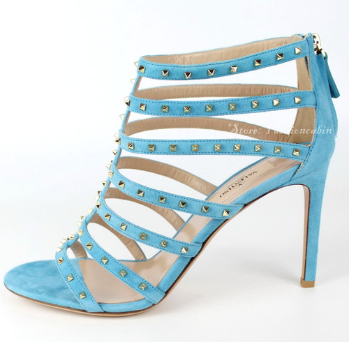 NEW VALENTINO Suede Rockstud Sandals CERULEAN Summer Events & Parties EUR 41