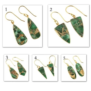 Mohave Copper Turquoise Earrings, Emerald Jade Gold Plated Bezel Dangle Earrings - Picture 1 of 21