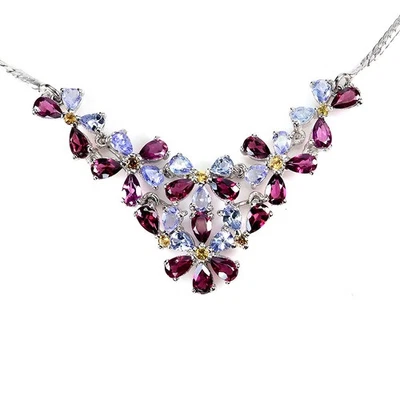 925 Sterling Silver Necklace Pear Rhodolite Sapphire Tanzanite Natural Gemstone  - Image 1 of 4