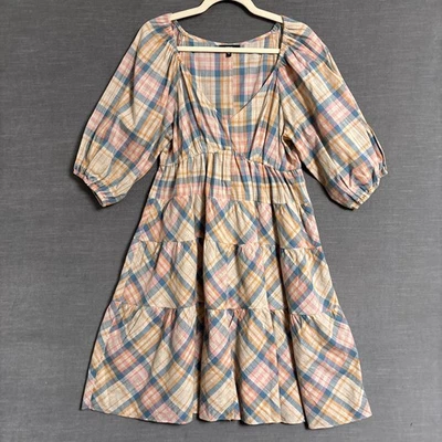 Vestido Drew M Azul Tostado Rosa Cuadros Algodón en Niveles Boho Otoño Occidental Informal Antro Foto 1 de 4