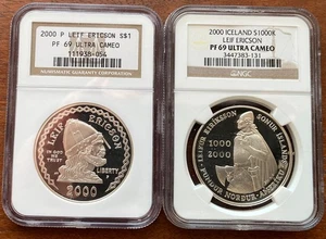 2000 P Silver Leif Erickson Silver Dollar & Iceland S1000k PF69 Ultra Cameo NGC - Picture 1 of 2