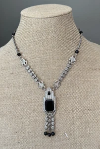 COLLANA ANTICA ART DECO 1920-30 ARGENTO e STRASS CRISTALLO NERO PENDENTE - Foto 1 di 20