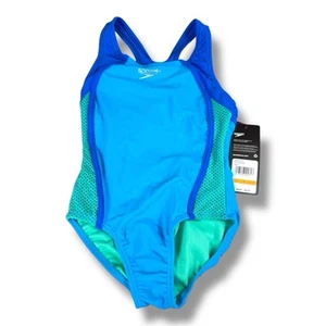 Speedo Girls Swimsuit Size 7 Mesh Splice Cyan One-Piece Thick Strap NWT - Picture 1 of 3
