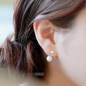 18K GOLD GF PEARL EARRINGS EAR JACKET STUD SIMPLE CLASSIC FASHION JEWELRY - Picture 1 of 5