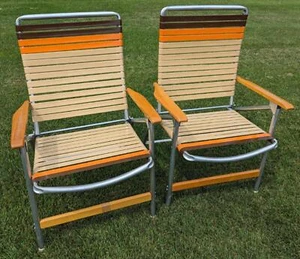 2 Sweet Retro Vtg MCM Telescope Folding Aluminum Lawn Chairs Vinyl Brown Orange - Picture 1 of 24