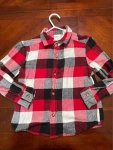 Buffalo Plaid Red Black White Button Up Long Sleeved Shirt Boy Toddler Size 4T - Picture 1 of 4