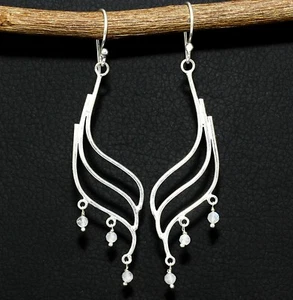 Natural Rainbow Moonstone Gemstone Handmade 3.1" Earring Solid 925 Silver Jewlry - Picture 1 of 5