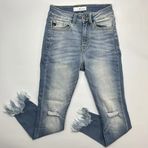 Kancan Delilah Mid Rise Ankle Skinny Jeans Size 5/26 Distressed Light Wash Fray - Picture 1 of 9