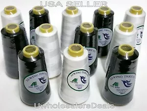 12 Big Spools Sewing Thread Polyester WHITE & BLACK 2500 yards each Spool NEW - Picture 1 of 1