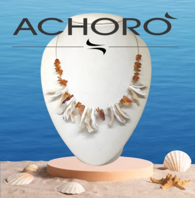 Collana etnica madreperla e ambra filo acciaio e oro 18 kt cm 47 - Immagine 1 di 4