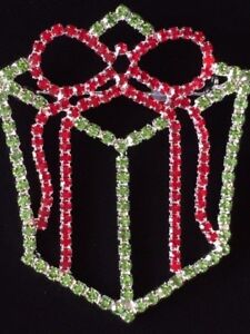 PRONG RHINESTONES CHRISTMAS SURPRISE PACKAGE PRESENT BOW BROOCH PIN JEWELRY 2.7"
