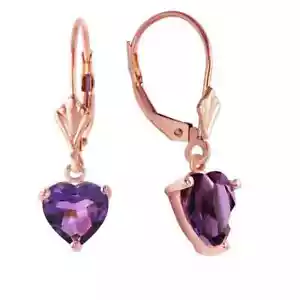 Pendientes de palanca para corazones de piedras preciosas de amatista genuinas oro rosa 14 K - Imagen 1 de 1
