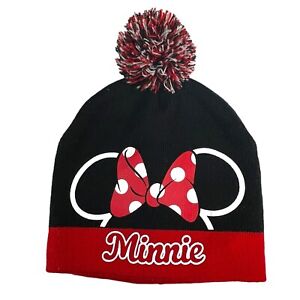 Disney Minnie Mouse Bow Ski Cap Hat Red And Black Beanie Pompom Womens Girls