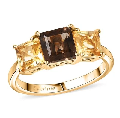 Anel EverTrue Brazilian Smoky quartzo e citrino 3 pedras tamanho 10 folheado a ouro 18k - Imagem 1 de 4