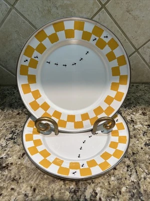 Platos de colección Golden Rabbit ll esmaltados 9" amarillos a cuadros hormigas picnic 1999 Foto 1 de 3