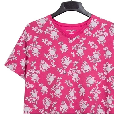 Karen Scott Sport Top Womens L XL Pink V-Neck Short Sleeve Floral Relaxed Fit - Image 1 of 4