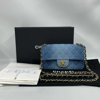 Bolso Bandolera Chanel 2024 Clásico Solapa Mini Azul Denim Dorado Hombro Foto 1 de 4