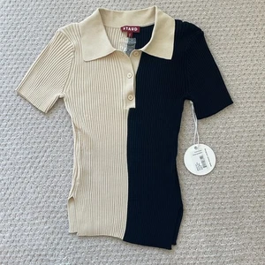 STAUD Brice black Beige bicolor ribbed side slits fitted polo top Sz Small NWT - Picture 1 of 10