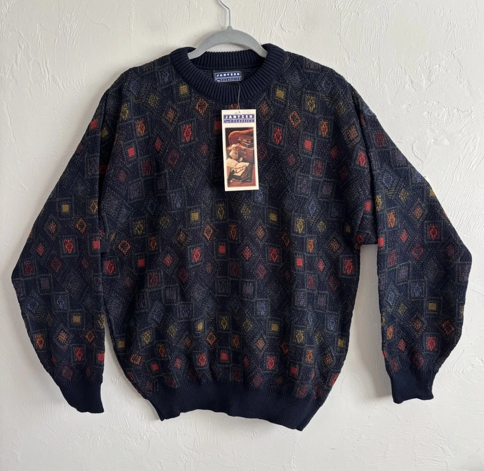 Vintage Jantzen Classics Navy Geometric Acrylic Crew Neck Grandpa Sweater Size L - Image 1 of 4