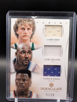 2012 Panini Immaculate Triple Game Worn Jersey Larry Bird/Ewing/Malone #/99 - Image 1 of 2