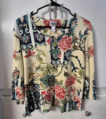 Camisa Chicos Mujer Grande Floral Estampado Dragón Asiático Pullover Manga 3/4 Top  Foto 1 de 4