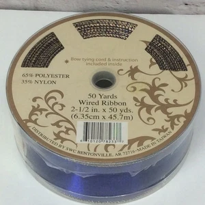 SWC Metallic Wired Christmas Ribbon Blue w/Gold Tying Cord 2.5" By 55 Yds. Decor - Picture 1 of 5