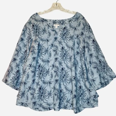 J Jill Love 亚麻上衣 XL 蓝色花卉 V 领长袖宽松透气 — 第 1/4 张图片