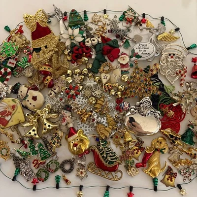 Christmas Jewelry Lot Over 100 Pieces Vintage to Modern Crafting Wearable - Image 1 of 4