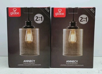 2 Pack Annecy Plug-In/Hardwire Dark Bronze Pendant Light W/Seeded Glass Shade - Image 1 of 4