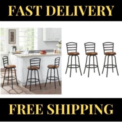 Set of 3 Swivel Bar Stools Adjustable Height Chairs Black FOR Home Kitchen Bar - Image 1 of 4