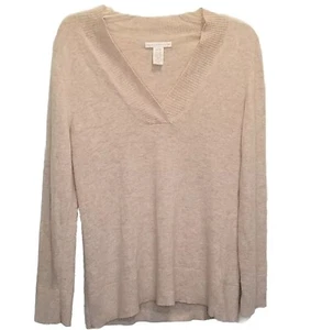 Sarah Spencer Sweater Nylon Angora Wool Size M V Neck Oatmeal Tan Normcore Cozy - Picture 1 of 12