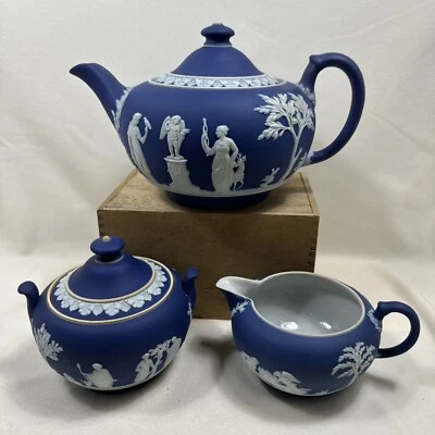 Wedgwood Portland Blue Jasperware Teapot + Creamer & Sugar Vintage / Antique Set - Image 1 of 4