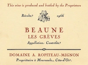 Beaune Les Greves A. Ropiteau-Mignon Estate Vintage Wine Bottle Label - Picture 1 of 2