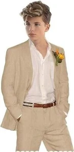 Linen Boys Suits Tuxedo Suit Set for Teen Kids Blazer Vest Pants 2 Pieces Beach - Picture 1 of 31