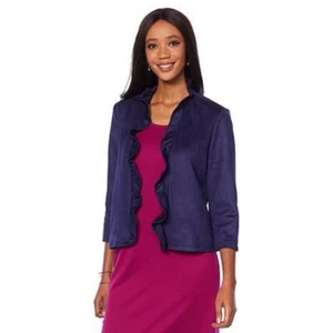 Slinky Brand Navy Blue Faux Suede Ruffle Front 3/4 Sleeve Jacket 1X New - Picture 1 of 3