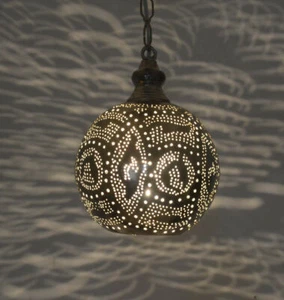 Handcrafted Moroccan Silver Plated Metal Ceiling light Fixture Hanging Lamp - Picture 1 of 2