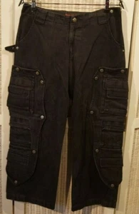 QUEEN OF DARKNESS 32W 28L Black Goth Trousers Womens Unisex Pants Button-On Bib - Picture 1 of 4