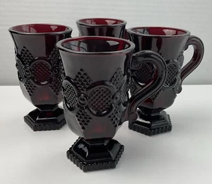 Avon 1876 Cape Cod Collection Ruby Red Glassware Foot Pedestal Mugs Set of 4  - Picture 1 of 11