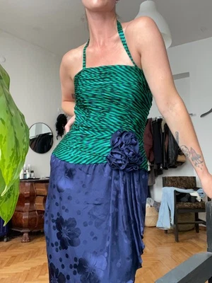 Vintage Diba womens silk striped boned corset dress in blue/green (US8) - Image 1 of 4