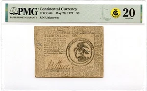 Continental Currency Fr#CC-64 May 20, 1777 $3 PMG VF-20 GCC Gold *Scarce* - Picture 1 of 3