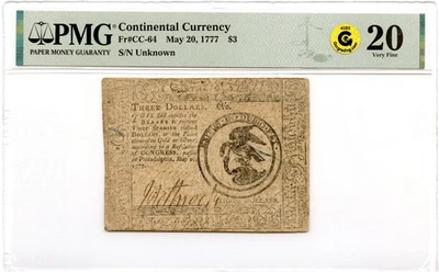 Continental Currency Fr#CC-64 May 20, 1777 $3 PMG VF-20 GCC Gold *Scarce* - Image 1 of 3