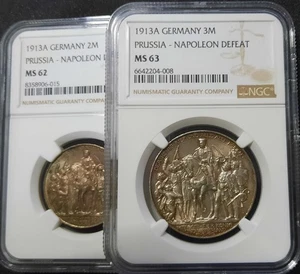 1913-A Deutschland 3 Mark MS63 & 2 Mark MS62 Silber NGC, Napoleon Niederlage - Bild 1 von 7