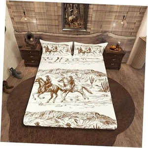 Western Fitted Sheet Size Cowboy Bed Sheets American Wild West Full Multi 14 - Picture 1 of 6