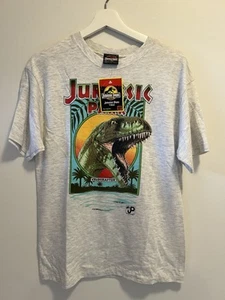 Jurassic Park Vintage 1990s Grey T-shirt Movie Dinosaur Velociraptor Size L Kids - Picture 1 of 13