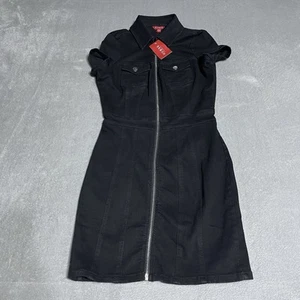 Guess Dress Womens XS Black Denim Kaori Moto Full Zip Mini Zip Up Grunge Goth - Picture 1 of 5