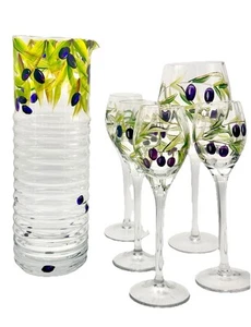 Hand Painted Etched Olives Crystal Wine Glasses And Decanter Romania Set 6 - Picture 1 of 13