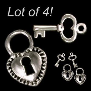 New Silver HEART LOCK & SKELETON KEY Charms - choose LOT OF 4, 6, or 10 - Picture 1 of 3