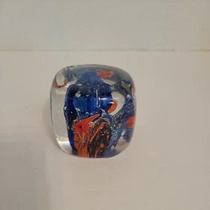 Blown Glass Paperweight Fish Ocean Blue, Orange Clear Glass Cube/ Square Shape - Picture 1 of 6