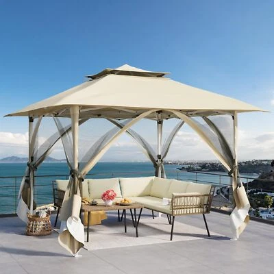 12'x12' Outdoor Patio Canopy Gazebo w/ Curtains Mesh Netting Waterproof Roof - Image 1 of 4