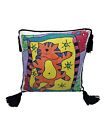 Colorful Calico Kitty Cat Pillow with Black Tassels Sleeping W/Stars Whimsical